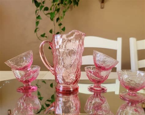 Vintage Pink Glass Pitcher And Glass Set Seneca Glass Mid Century Driftwood Pattern