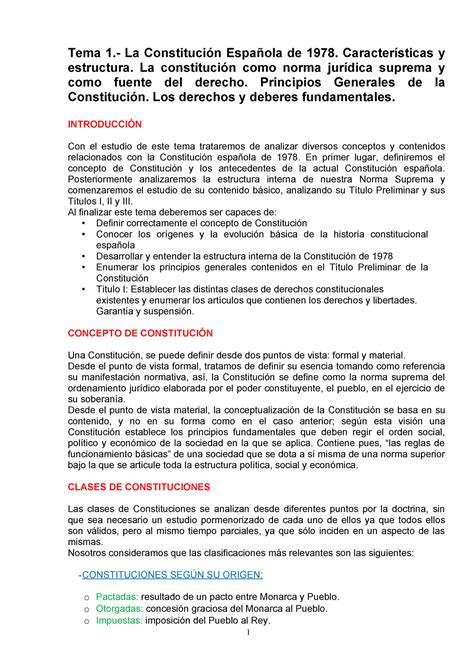 Tema 1 La Constitución Tema 1 La Constitución Española De 1978 Características Y