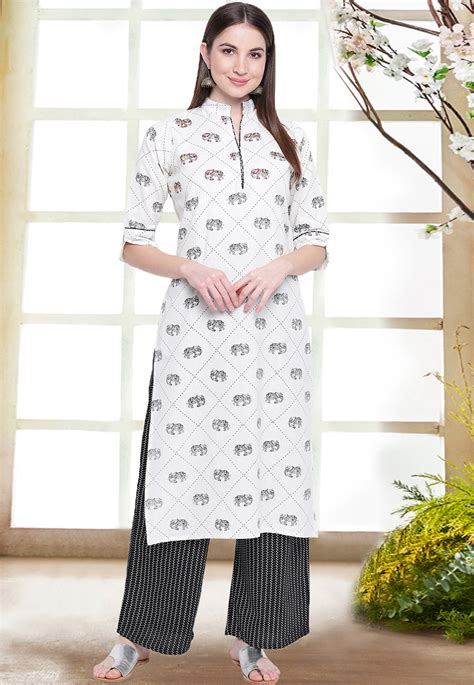 Off White Cotton Readymade Kameez With Palazzo