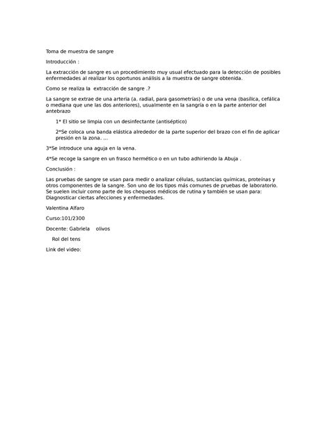 Documento Rol Del Tens Jinfo Toma De Muestra De Sangre Introducci N