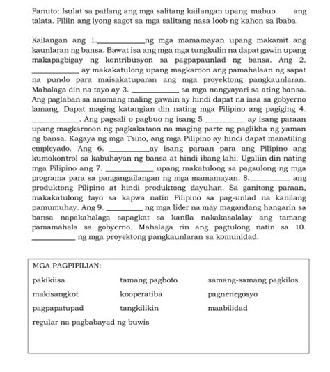Solved Panuto Isulat Sa Patlang Ang Mga Salitang Kailangan Upang