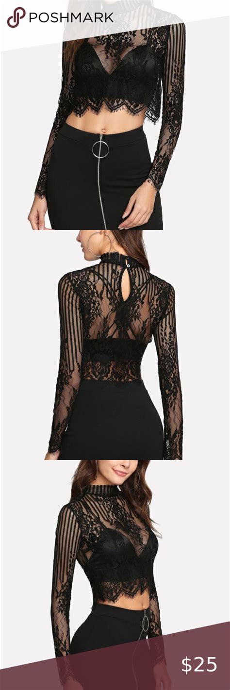 Button Keyhole Back Eyelash Lace Perfect Hot Lace Black Top Tops Crop