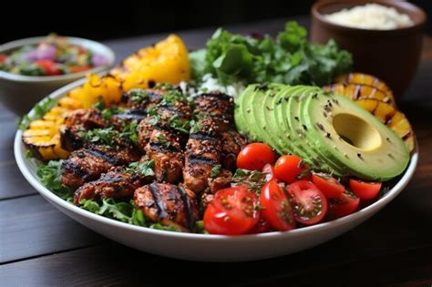 Premium Photo Vibrant Buddha Bowl Featuring Grilled Chicken And Fresh