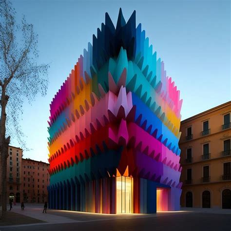 The Building Is Made Up Of Many Different Colored Shapes And Colors On