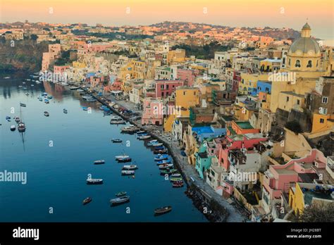 Marina Corricella At Sunrise Fishing Village Colourful Houses Church