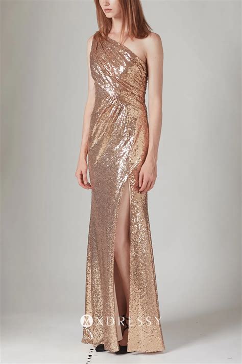 Gold Sequin One Shoulder Slit Maxi Bridesmaid Dress Xdressy