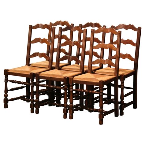 Set Of 5 Antique French Country Carved Oak Ladder Back Dining Chair