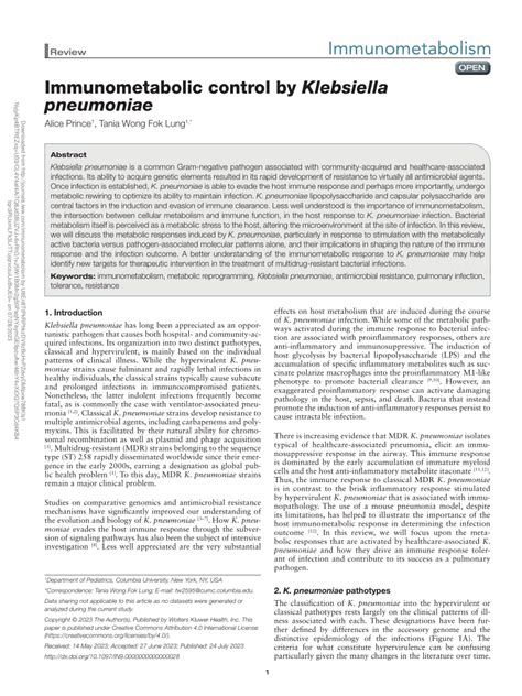 PDF Immunometabolic Control By Klebsiella Pneumoniae