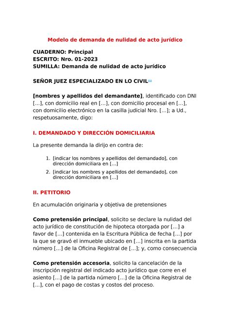 2 Modelo De Demanda De Nulidad De Acto Jurídico Modelo De Demanda