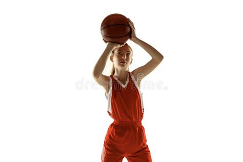 Young Caucasian Female Basketball Player Against White Studio ...