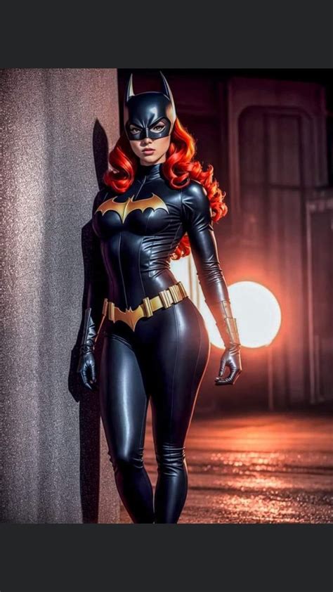 A Woman Dressed As Batgirl Standing Next To A Wall