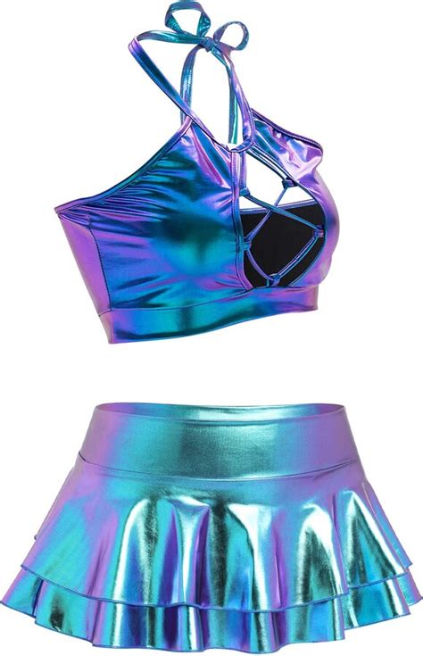 Abafip Women Rave Outfits Holographic Strappy Halter Crop Top Ruffle