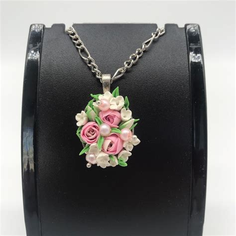 Statement 3d Polymer Pink Rose Necklace With Pearl Detailing Etsy