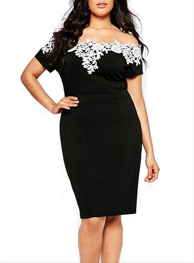 Plus Size Knee Length Dress Black Lace Trimmed Off The Shoulder