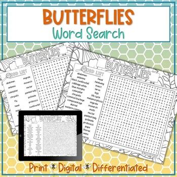 Butterflies Word Search Puzzle Activity By Busy Bee Puzzles TPT