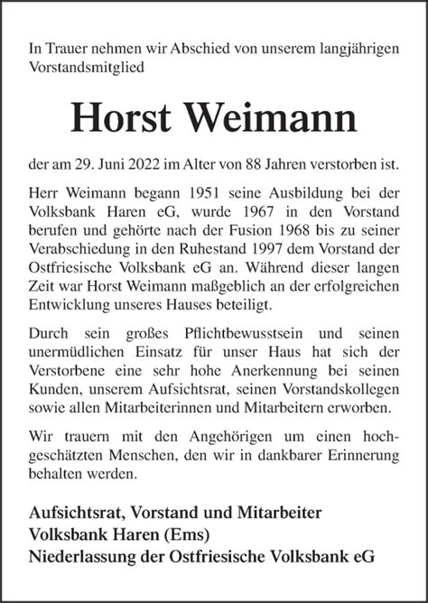 Traueranzeigen Von Horst Weimann Noz Trauerportal