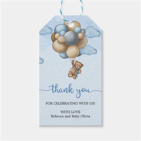 Teddy Bear Blue Brown Beige Balloons Thank You Tag Zazzle Baby Boy