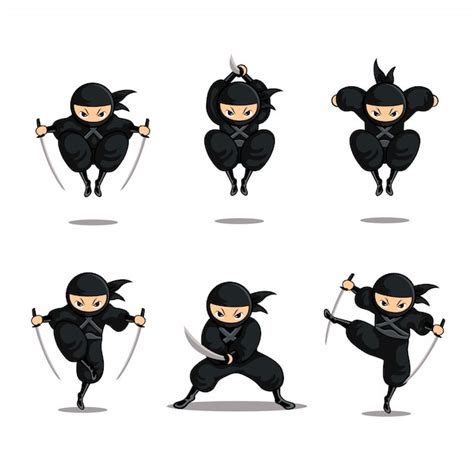 Premium Vector | Cartoon black ninja set action with jump