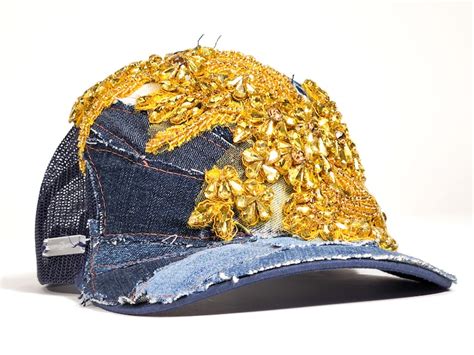Sparkling Denim Upcycled Crystal Snapback Hat Bling Trucker Cap
