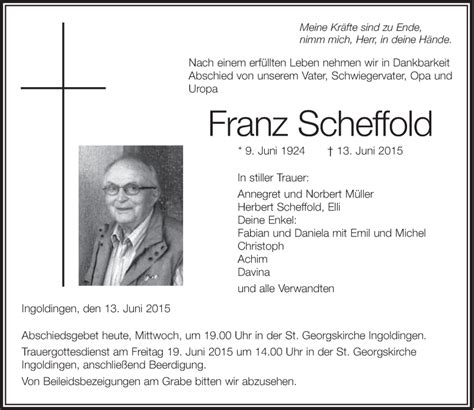 Traueranzeigen Von Franz Scheffold Schwaebische De Trauerportal