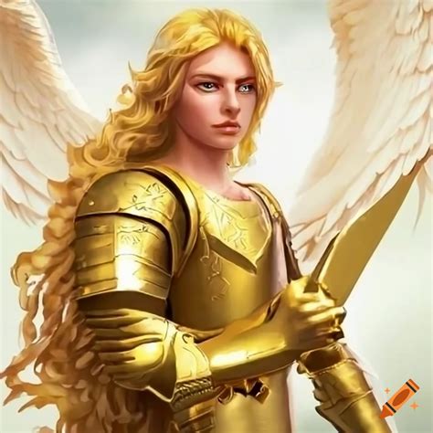 Blond Hair Prince Angel In Gold Armor With Powerful Bible In Realistic