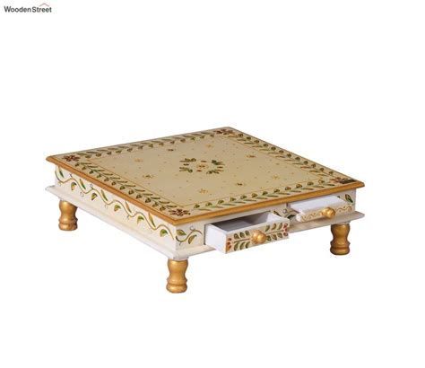 Buy Mdf And Sheesham Wood Pooja Chowki With Drawer Off White Online