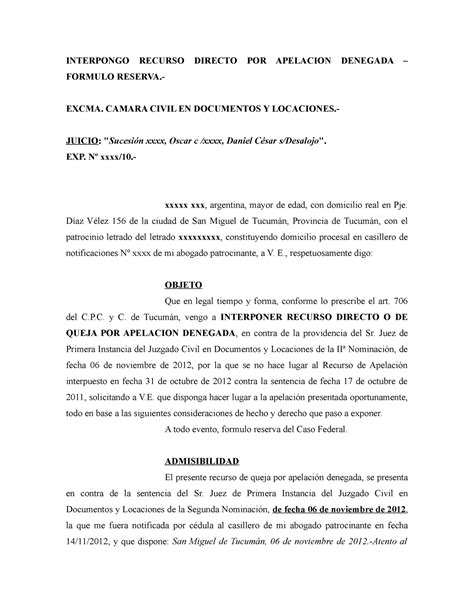 Recurso De Queja Por Apelaci N Denegada Interpongo Recurso Directo