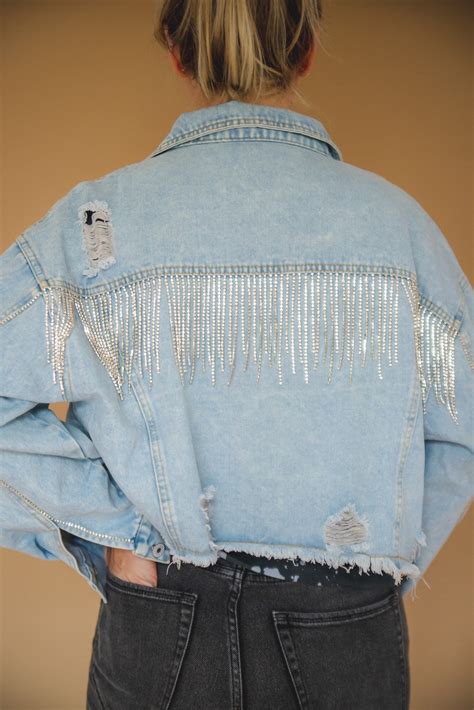 Customizable Rhinestone Fringe Denim Jacket Etsy