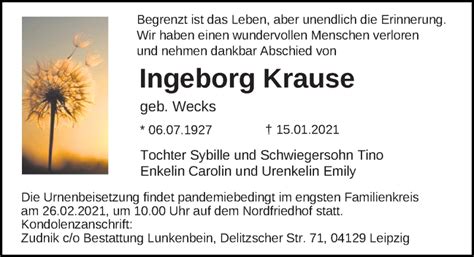 Traueranzeigen Von Ingeborg Krause Trauer Anzeigen De