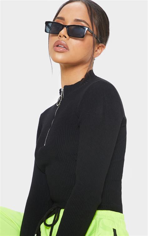 Black Ribbed Zip Up Knitted Top Knitwear Prettylittlething