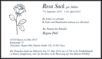 Alle Traueranzeigen für Rosa Sack trauer rp online de