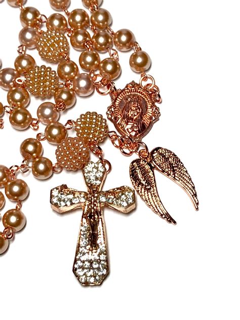 Bridal Rosary Rose Gold Necklace Angel Wings Rosary Etsy