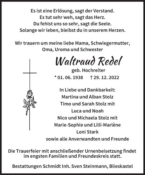 Traueranzeigen Von Waltraud Redel Saarbruecker Zeitung Trauer De