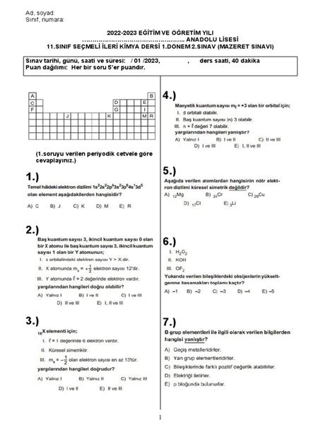 PDF 11 SINIF KİMYA 1 DÖNEM 2 YAZILI 1 KLASİK DOKÜMAN DOKUMEN TIPS