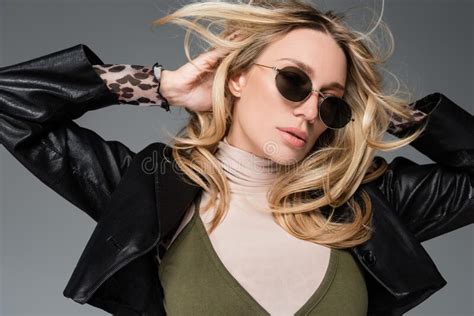 Blonde Model In Leather Jacket And Stock Image Image Of Trendy Caucasian