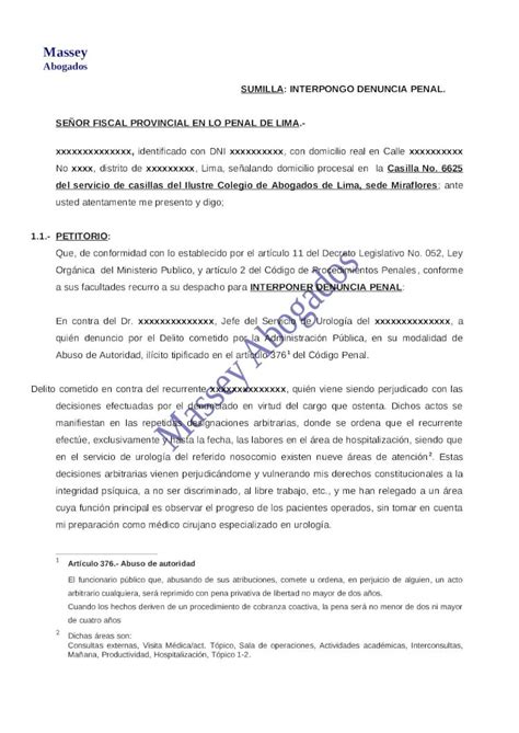 DOC MODELO DE DENUNCIA PENAL POR ABUSO DE AUTORIDAD DOKUMEN TIPS