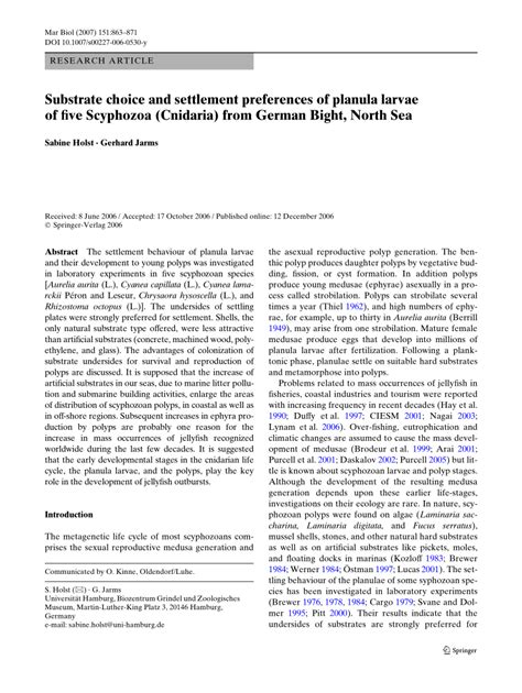 (PDF) Substrate choice and settlement preferences of planula larvae of five Scyphozoa (Cnidaria ...