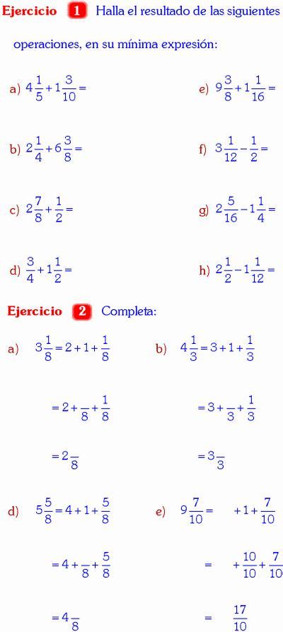 SUMA Y RESTA DE NÚMEROS MIXTOS EJEMPLOS RESUELTOS DE PRIMARIA Math