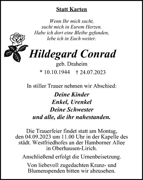 Traueranzeigen Von Hildegard Conrad Trauer In NRW De