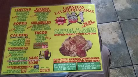 Menu At Carnitas Las Michoacanas Restaurant Chula Vista Third Ave