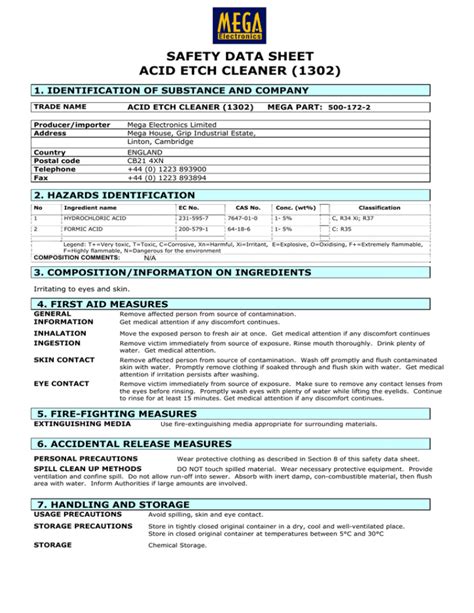 Safety Data Sheet Acid Etch Cleaner 1302