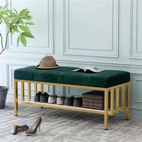 Green Storage Entryway Bench Upholstered Velvet Modern Bench With Shelf