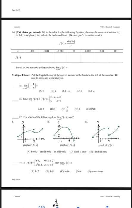 Limits And Continuity Worksheet With Answers