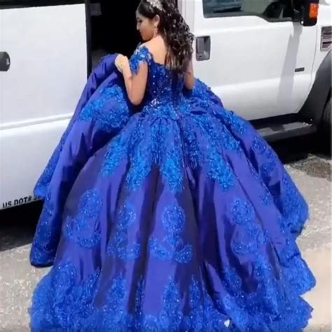 Royal Blue Satin Charro Quinceanera Dresses Cupcake Ball Gowns Prom 2021 Off The Shoulder Lace