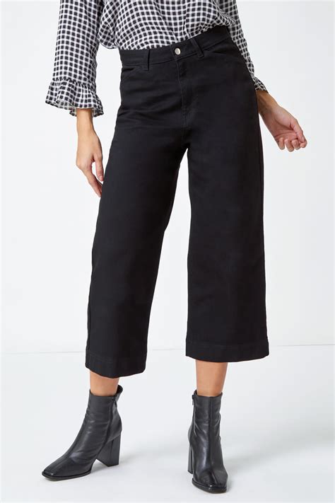 Wide Leg Stretch Denim Culottes In Black Roman Originals Uk