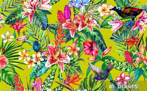 Sticker Seamless Tropical Floral Pattern Hand Painted Watercolor