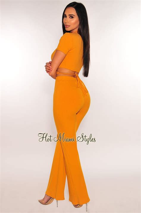 Honey Ribbed Collared Wrap Crop Top Palazzo Pants Two Piece Set Hot