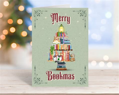 Merry Bookmas Christmas Cards 5x7 With Envelopes Great For Teachers