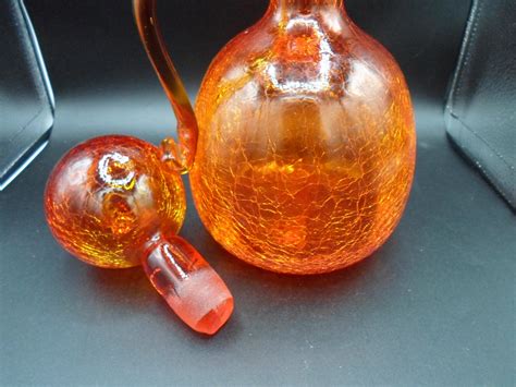 Vintage Mcm Crackle Glass Decanter Ball Stopper Tangerine Orange Golden Glow Fantastic 1150