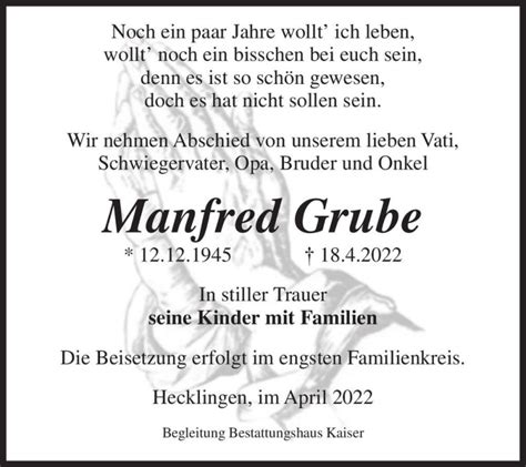 Traueranzeigen Von Manfred Grube Abschied Nehmende